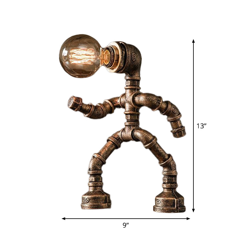 Industrial Pipe Man Night Lamp 1 Head Wrought Iron Table Light in Brass for Boys Room Clearhalo 'Lamps' 'Table Lamps' Lighting' 1950077