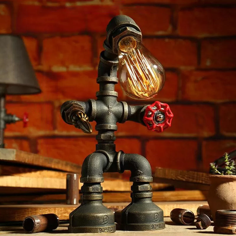 Iron Pipe Robot Night Table Light Cyberpunk Single-Bulb Boys Room Nightstand Lamp in Brass/Copper Brass D Clearhalo 'Lamps' 'Table Lamps' Lighting' 1950078