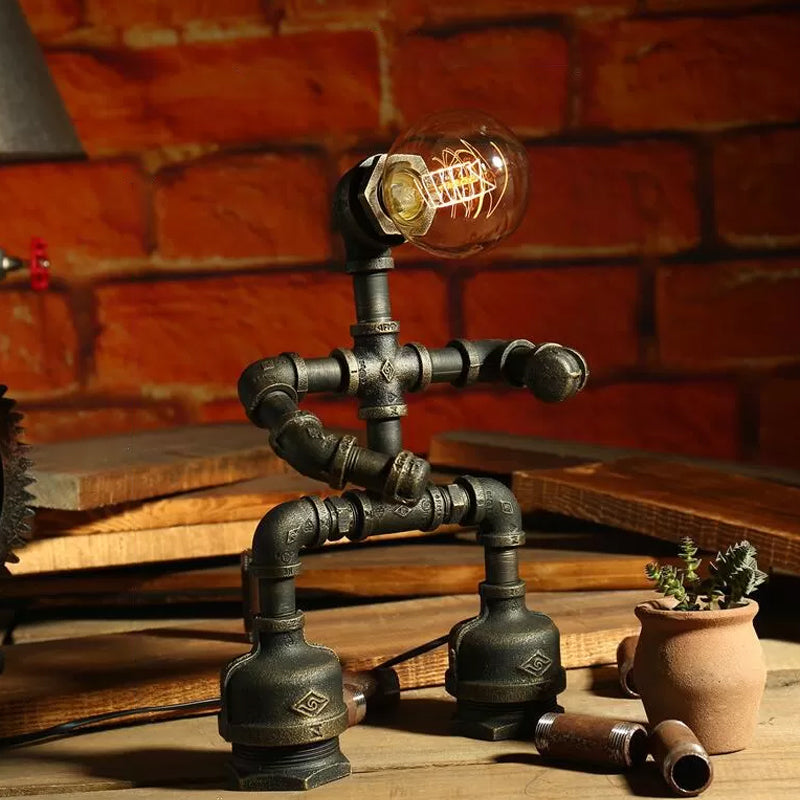 Iron Pipe Robot Night Table Light Cyberpunk Single-Bulb Boys Room Nightstand Lamp in Brass/Copper Brass A Clearhalo 'Lamps' 'Table Lamps' Lighting' 1950082