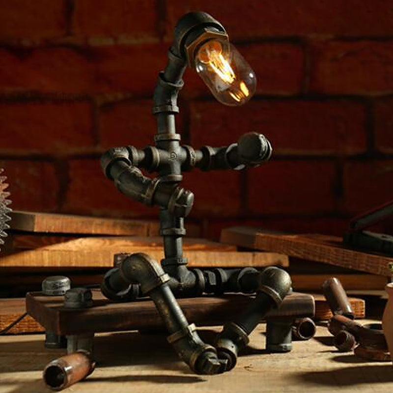 Iron Pipe Robot Night Table Light Cyberpunk Single-Bulb Boys Room Nightstand Lamp in Brass/Copper Brass B Clearhalo 'Lamps' 'Table Lamps' Lighting' 1950086