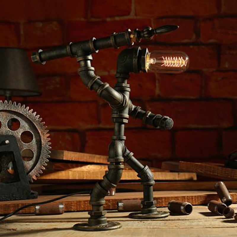 Iron Pipe Robot Night Table Light Cyberpunk Single-Bulb Boys Room Nightstand Lamp in Brass/Copper Brass C Clearhalo 'Lamps' 'Table Lamps' Lighting' 1950090