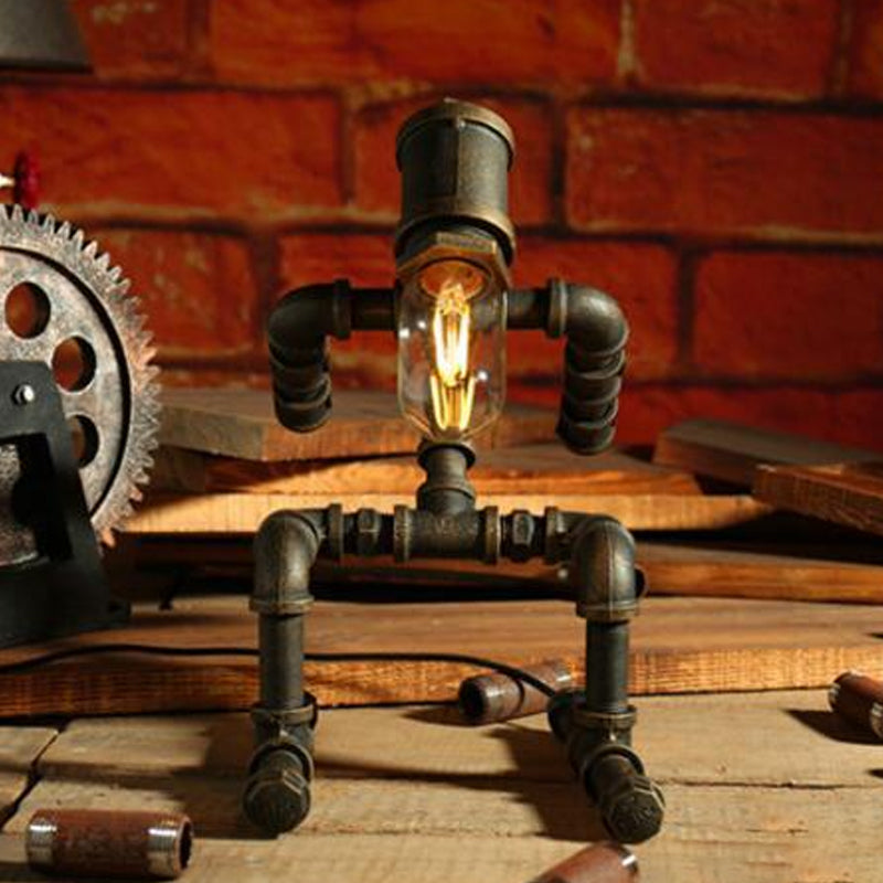 Iron Pipe Robot Night Table Light Cyberpunk Single-Bulb Boys Room Nightstand Lamp in Brass/Copper Brass E Clearhalo 'Lamps' 'Table Lamps' Lighting' 1950094