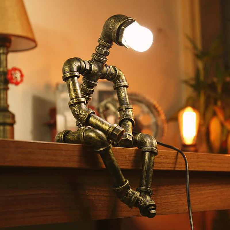 Iron Pipe Robot Night Table Light Cyberpunk Single-Bulb Boys Room Nightstand Lamp in Brass/Copper Brass F Clearhalo 'Lamps' 'Table Lamps' Lighting' 1950098