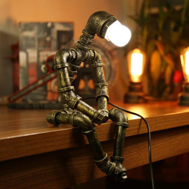 Iron Pipe Robot Night Table Light Cyberpunk Single-Bulb Boys Room Nightstand Lamp in Brass/Copper Clearhalo 'Lamps' 'Table Lamps' Lighting' 1950099