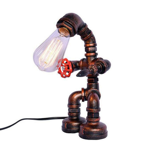 Iron Pipe Robot Night Table Light Cyberpunk Single-Bulb Boys Room Nightstand Lamp in Brass/Copper Copper G Clearhalo 'Lamps' 'Table Lamps' Lighting' 1950103