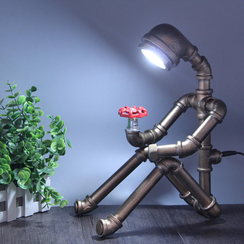 Sitting Pipe-Man Bedside Night Lamp Industrial Style Iron 1 Head Silver/Bronze Table Lighting Clearhalo 'Lamps' 'Table Lamps' Lighting' 1950105