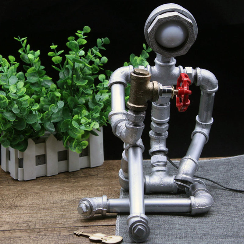 1 Bulb Nightstand Light Industrial Iron Pipe Man Table Lamp in Silver/Bronze with Red Valve Rotating Switch Clearhalo 'Lamps' 'Table Lamps' Lighting' 1950112