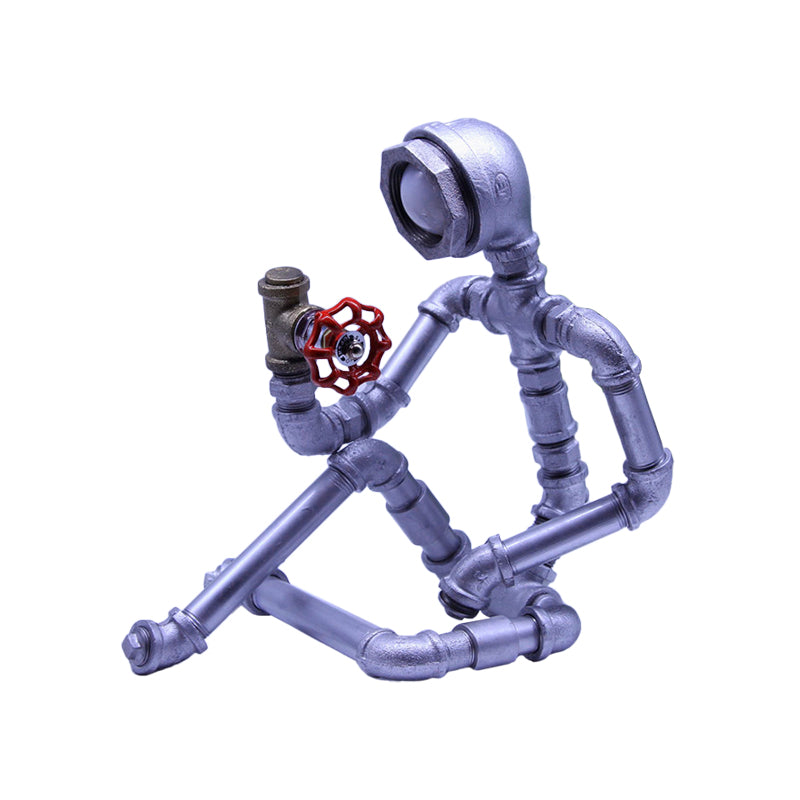 1 Bulb Nightstand Light Industrial Iron Pipe Man Table Lamp in Silver/Bronze with Red Valve Rotating Switch Clearhalo 'Lamps' 'Table Lamps' Lighting' 1950113