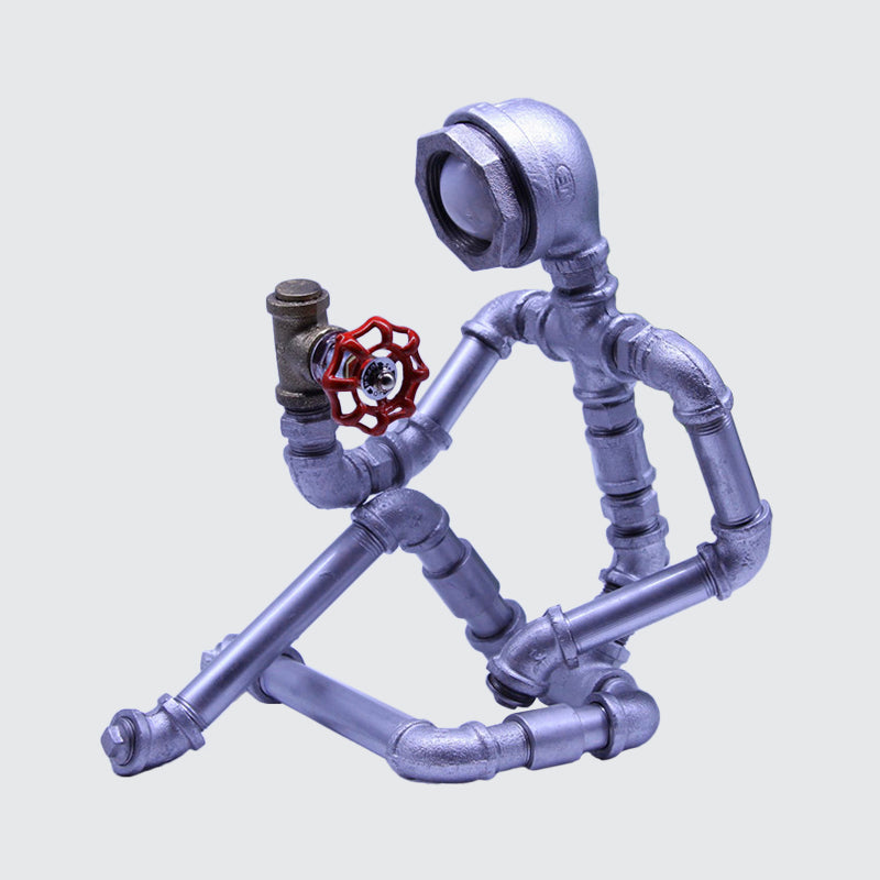 1 Bulb Nightstand Light Industrial Iron Pipe Man Table Lamp in Silver/Bronze with Red Valve Rotating Switch Clearhalo 'Lamps' 'Table Lamps' Lighting' 1950114