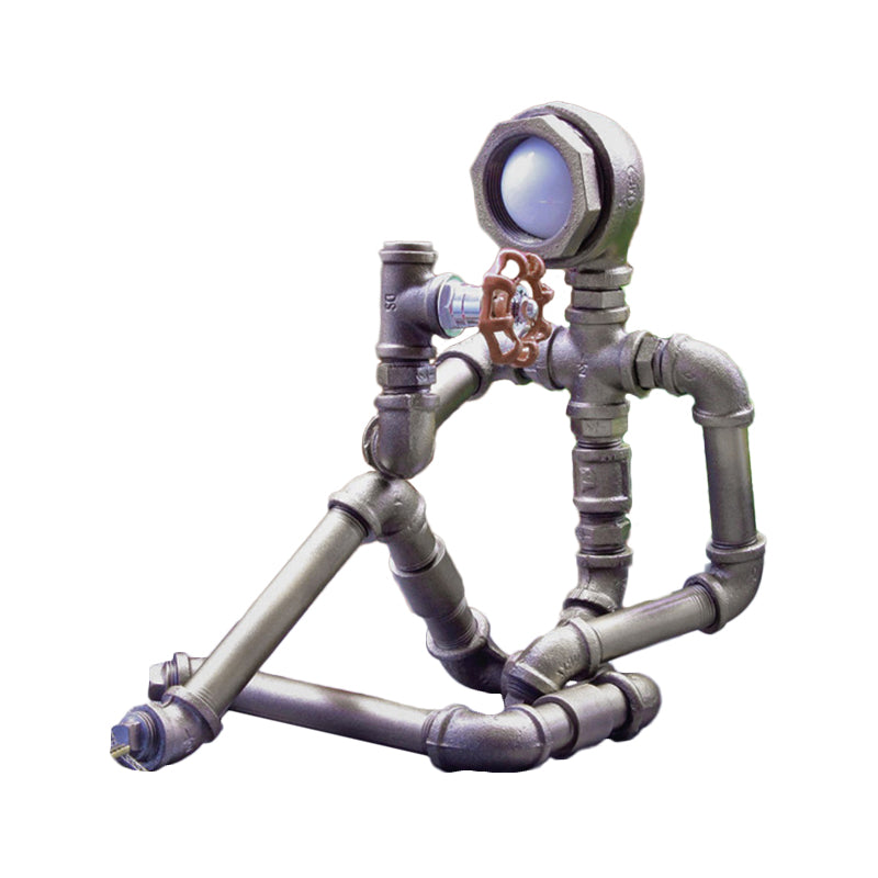 1 Bulb Nightstand Light Industrial Iron Pipe Man Table Lamp in Silver/Bronze with Red Valve Rotating Switch Clearhalo 'Lamps' 'Table Lamps' Lighting' 1950118