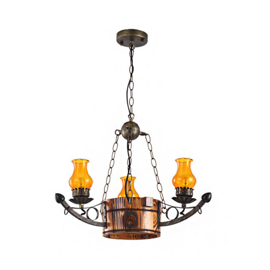 3/5 Lights Antique Hanging Chandelier Height Adjustable Amber Glass Oil Lamp in Rust 3 Rust Clearhalo 'Ceiling Lights' 'Chandeliers' 'Glass shade' 'Glass' 'Industrial Chandeliers' 'Industrial' 'Middle Century Chandeliers' 'Tiffany' Lighting' 1950154