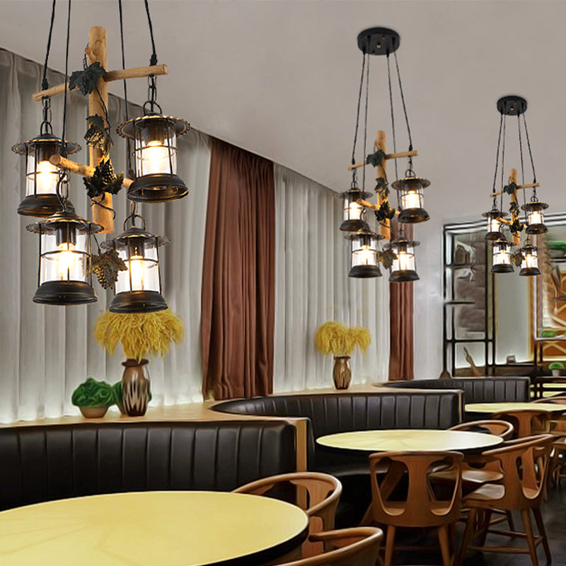 3/4 Lights Lantern Ceiling Light with Adjustable Metal Chain Industrial Clear Glass Hanging Chandelier in Black Clearhalo 'Ceiling Lights' 'Chandeliers' 'Close To Ceiling Lights' 'Glass shade' 'Glass' 'Industrial Chandeliers' 'Industrial' 'Middle Century Chandeliers' 'Tiffany' Lighting' 1950159