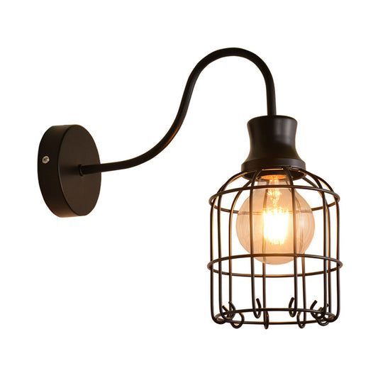Metal Bird Cage Wall Mount Lighting with Gooseneck Arm Vintage 1 Head Wall Light Sconce in Black Clearhalo 'Art deco wall lights' 'Cast Iron' 'Glass' 'Industrial wall lights' 'Industrial' 'Middle century wall lights' 'Modern' 'Rustic wall lights' 'Tiffany' 'Traditional wall lights' 'Wall Lamps & Sconces' 'Wall Lights' Lighting' 1950178