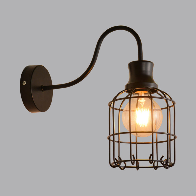 Metal Bird Cage Wall Mount Lighting with Gooseneck Arm Vintage 1 Head Wall Light Sconce in Black Clearhalo 'Art deco wall lights' 'Cast Iron' 'Glass' 'Industrial wall lights' 'Industrial' 'Middle century wall lights' 'Modern' 'Rustic wall lights' 'Tiffany' 'Traditional wall lights' 'Wall Lamps & Sconces' 'Wall Lights' Lighting' 1950179