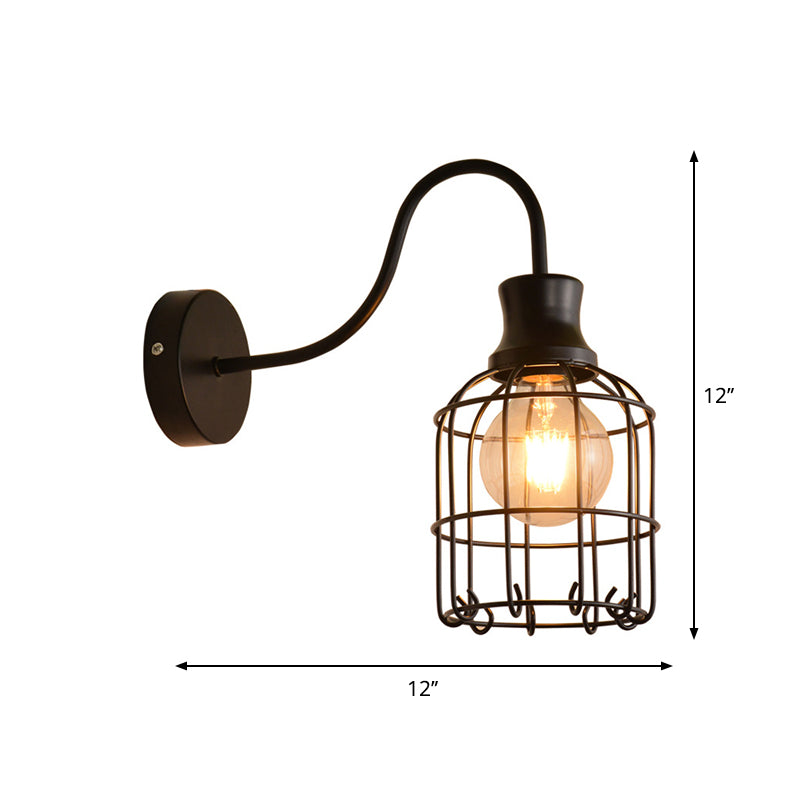 Metal Bird Cage Wall Mount Lighting with Gooseneck Arm Vintage 1 Head Wall Light Sconce in Black Clearhalo 'Art deco wall lights' 'Cast Iron' 'Glass' 'Industrial wall lights' 'Industrial' 'Middle century wall lights' 'Modern' 'Rustic wall lights' 'Tiffany' 'Traditional wall lights' 'Wall Lamps & Sconces' 'Wall Lights' Lighting' 1950180