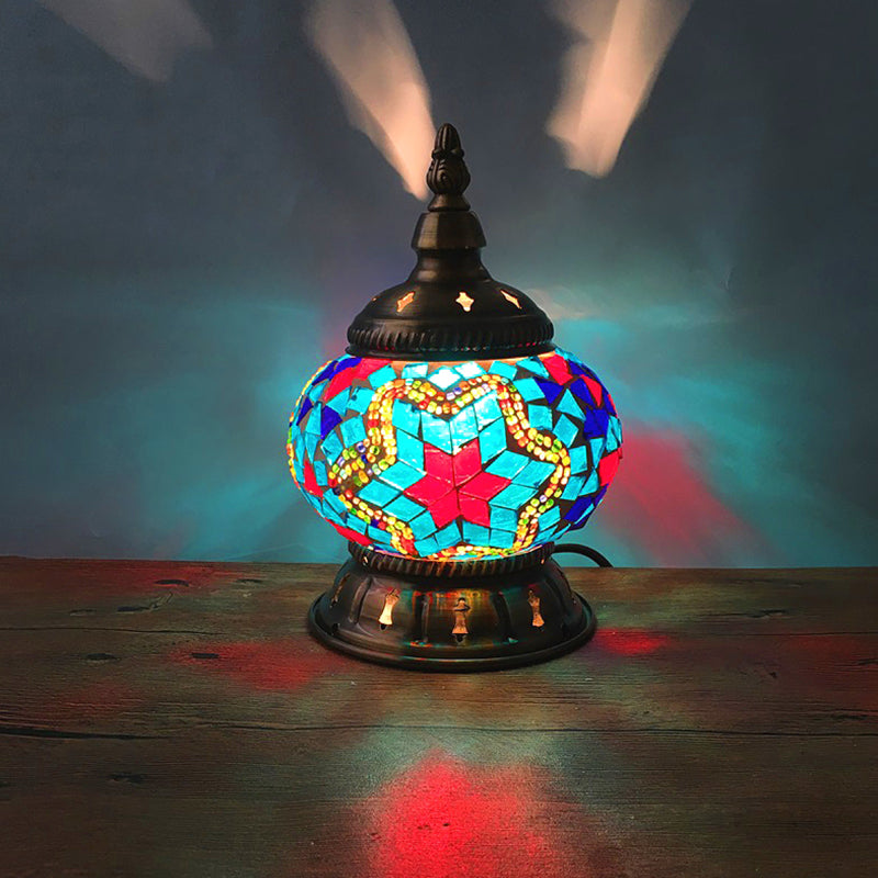 1 Head Globe Table Lamp Traditional Red/Orange/Light Blue Stained Class Nightstand Lamp for Bedroom Light Blue Clearhalo 'Lamps' 'Table Lamps' Lighting' 1950279