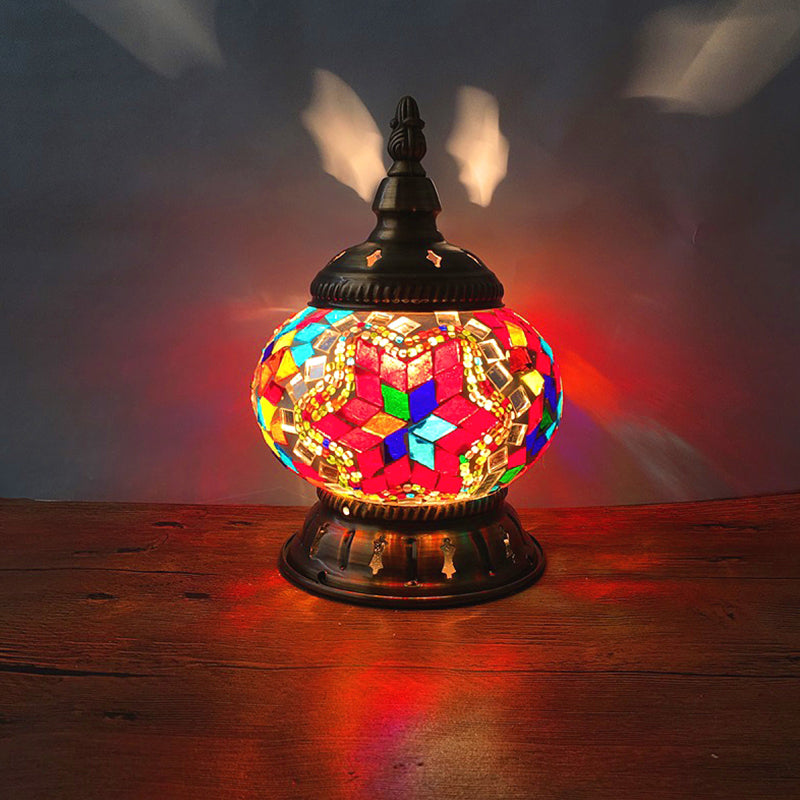 1 Head Globe Table Lamp Traditional Red/Orange/Light Blue Stained Class Nightstand Lamp for Bedroom Red Clearhalo 'Lamps' 'Table Lamps' Lighting' 1950282