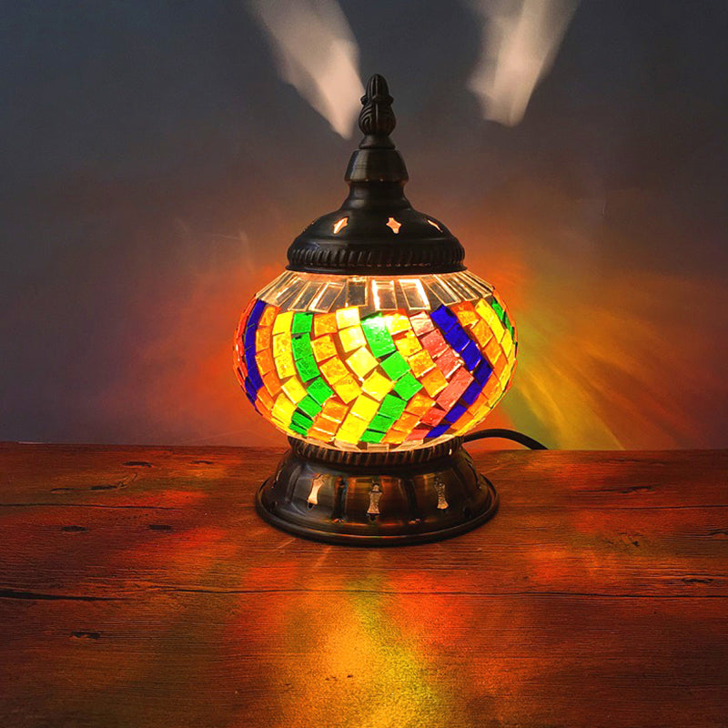 1 Head Globe Table Lamp Traditional Red/Orange/Light Blue Stained Class Nightstand Lamp for Bedroom Yellow-Green Clearhalo 'Lamps' 'Table Lamps' Lighting' 1950285