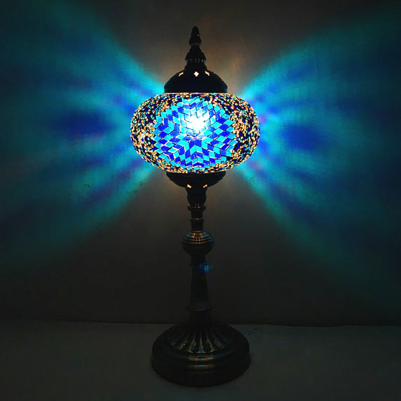 Single Light Desk Lighting Antique Elliptical Stained Glass Night Table Light in White/Red/Blue for Bedroom Blue Clearhalo 'Lamps' 'Table Lamps' Lighting' 1950384