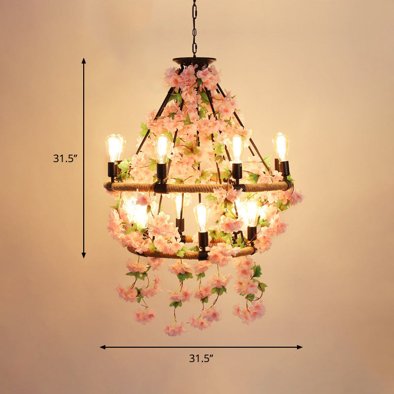 Round Restaurant Pendant Chandelier Industrial Metal 6/8/14 Heads Pink Hanging Ceiling Light with Flower Decoration Clearhalo 'Cast Iron' 'Ceiling Lights' 'Chandeliers' 'Industrial Chandeliers' 'Industrial' 'Metal' 'Middle Century Chandeliers' 'Rustic Chandeliers' 'Tiffany' Lighting' 1950412