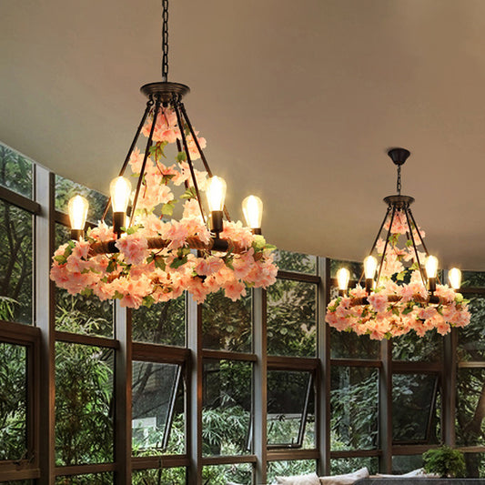 Round Restaurant Pendant Chandelier Industrial Metal 6/8/14 Heads Pink Hanging Ceiling Light with Flower Decoration 6 Pink Clearhalo 'Cast Iron' 'Ceiling Lights' 'Chandeliers' 'Industrial Chandeliers' 'Industrial' 'Metal' 'Middle Century Chandeliers' 'Rustic Chandeliers' 'Tiffany' Lighting' 1950413