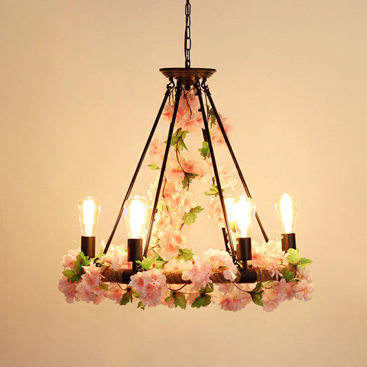 Round Restaurant Pendant Chandelier Industrial Metal 6/8/14 Heads Pink Hanging Ceiling Light with Flower Decoration Clearhalo 'Cast Iron' 'Ceiling Lights' 'Chandeliers' 'Industrial Chandeliers' 'Industrial' 'Metal' 'Middle Century Chandeliers' 'Rustic Chandeliers' 'Tiffany' Lighting' 1950414
