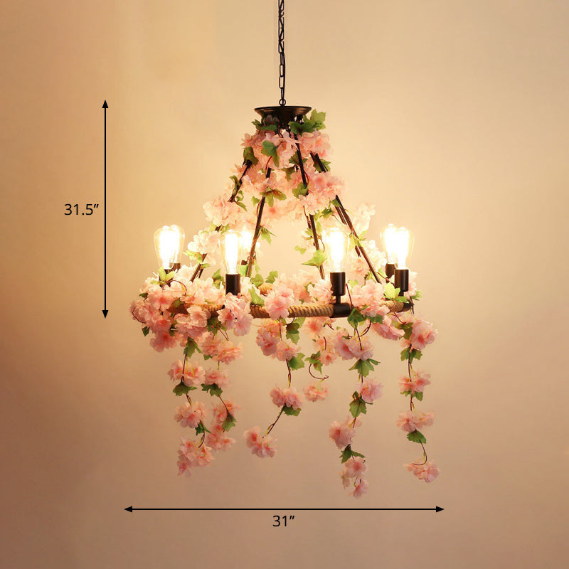 Round Restaurant Pendant Chandelier Industrial Metal 6/8/14 Heads Pink Hanging Ceiling Light with Flower Decoration Clearhalo 'Cast Iron' 'Ceiling Lights' 'Chandeliers' 'Industrial Chandeliers' 'Industrial' 'Metal' 'Middle Century Chandeliers' 'Rustic Chandeliers' 'Tiffany' Lighting' 1950417