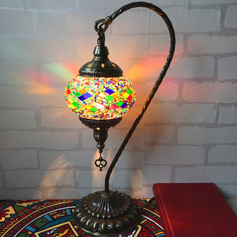 Curved Arm Bedroom Table Light Retro Stained Art Glass Single Bulb White/Yellow/Orange Nightstand Lamp Clearhalo 'Lamps' 'Table Lamps' Lighting' 1950419