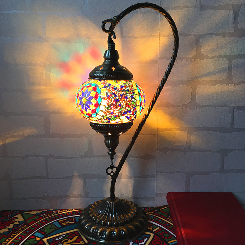 Curved Arm Bedroom Table Light Retro Stained Art Glass Single Bulb White/Yellow/Orange Nightstand Lamp Clearhalo 'Lamps' 'Table Lamps' Lighting' 1950427