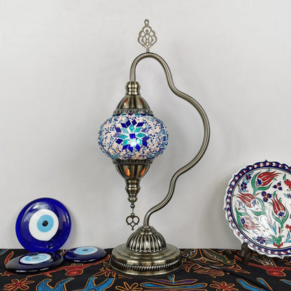 Curvy Arm Stained Glass Night Lamp Art Deco 1 Bulb Bedroom Nightstand Lighting in Red/Yellow/Orange Sky Blue-White Clearhalo 'Lamps' 'Table Lamps' Lighting' 1950448