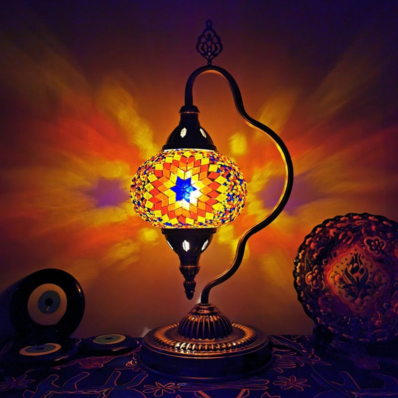 Stained Art Glass Globe Table Lamp Art Deco 1 Head Restaurant Night Light with Curvy Arm in White/Red/Yellow Orange Clearhalo 'Lamps' 'Table Lamps' Lighting' 1950478