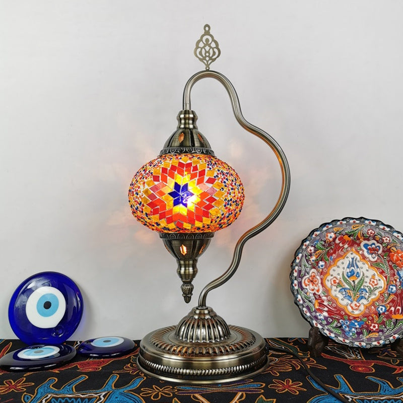 Stained Art Glass Globe Table Lamp Art Deco 1 Head Restaurant Night Light with Curvy Arm in White/Red/Yellow Clearhalo 'Lamps' 'Table Lamps' Lighting' 1950479
