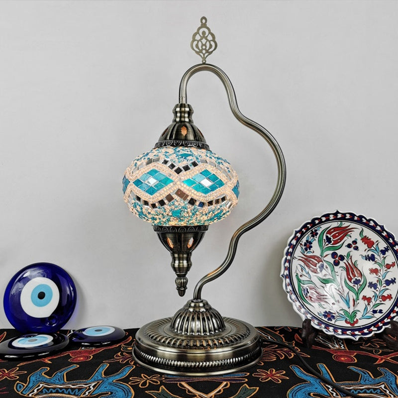 Stained Art Glass Globe Table Lamp Art Deco 1 Head Restaurant Night Light with Curvy Arm in White/Red/Yellow Clearhalo 'Lamps' 'Table Lamps' Lighting' 1950482