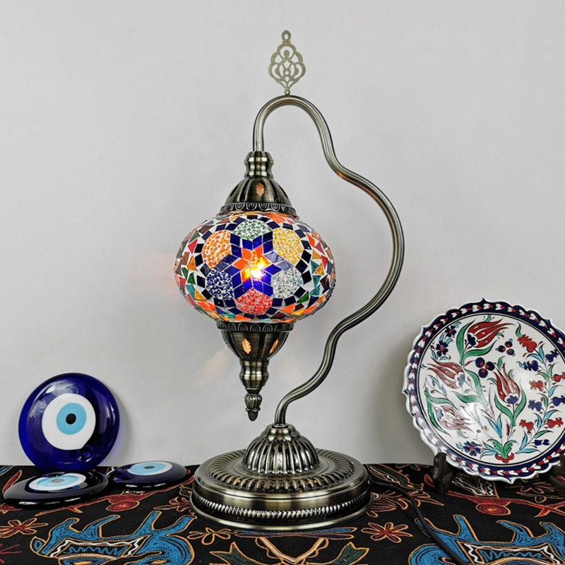 Stained Art Glass Globe Table Lamp Art Deco 1 Head Restaurant Night Light with Curvy Arm in White/Red/Yellow Clearhalo 'Lamps' 'Table Lamps' Lighting' 1950488