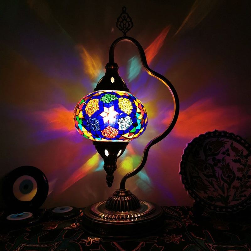 Stained Art Glass Globe Table Lamp Art Deco 1 Head Restaurant Night Light with Curvy Arm in White/Red/Yellow Royal Blue Clearhalo 'Lamps' 'Table Lamps' Lighting' 1950489