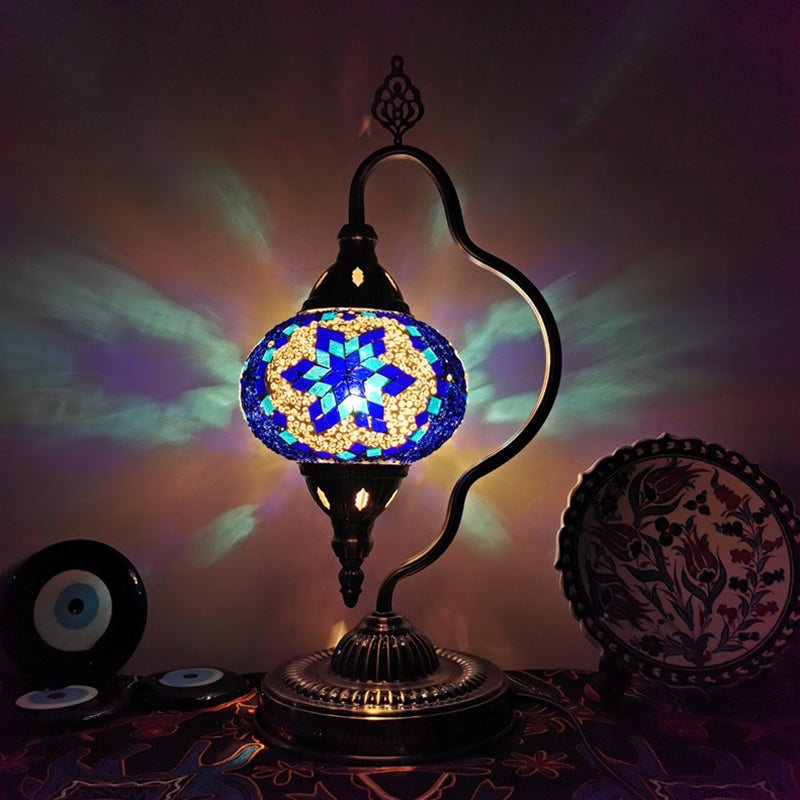 Stained Art Glass Globe Table Lamp Art Deco 1 Head Restaurant Night Light with Curvy Arm in White/Red/Yellow Dark Blue Clearhalo 'Lamps' 'Table Lamps' Lighting' 1950492