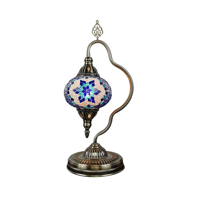 Stained Art Glass Globe Table Lamp Art Deco 1 Head Restaurant Night Light with Curvy Arm in White/Red/Yellow Clearhalo 'Lamps' 'Table Lamps' Lighting' 1950493