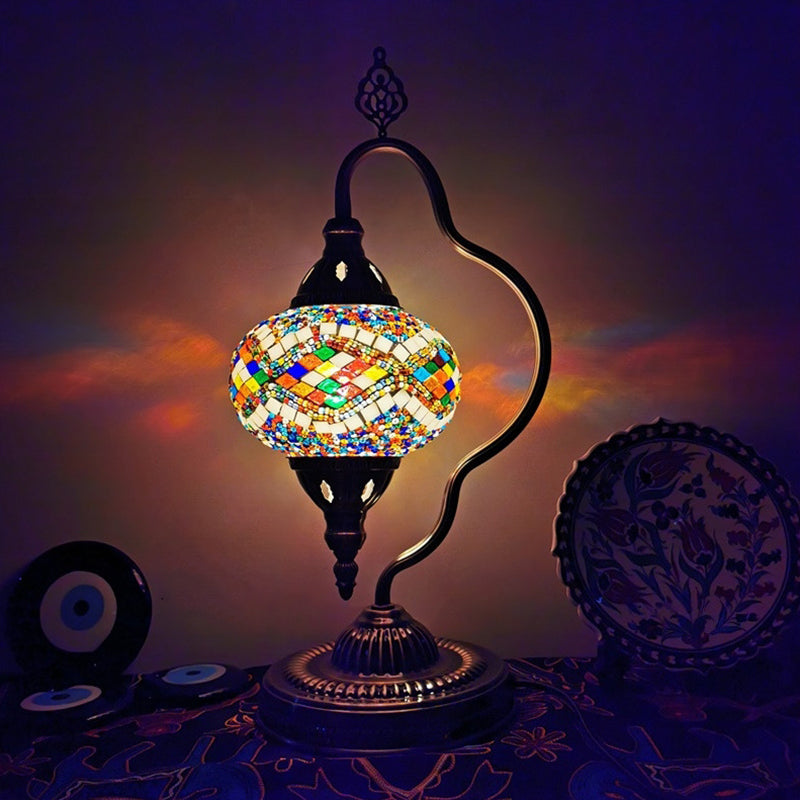 Stained Art Glass Globe Table Lamp Art Deco 1 Head Restaurant Night Light with Curvy Arm in White/Red/Yellow White Clearhalo 'Lamps' 'Table Lamps' Lighting' 1950495