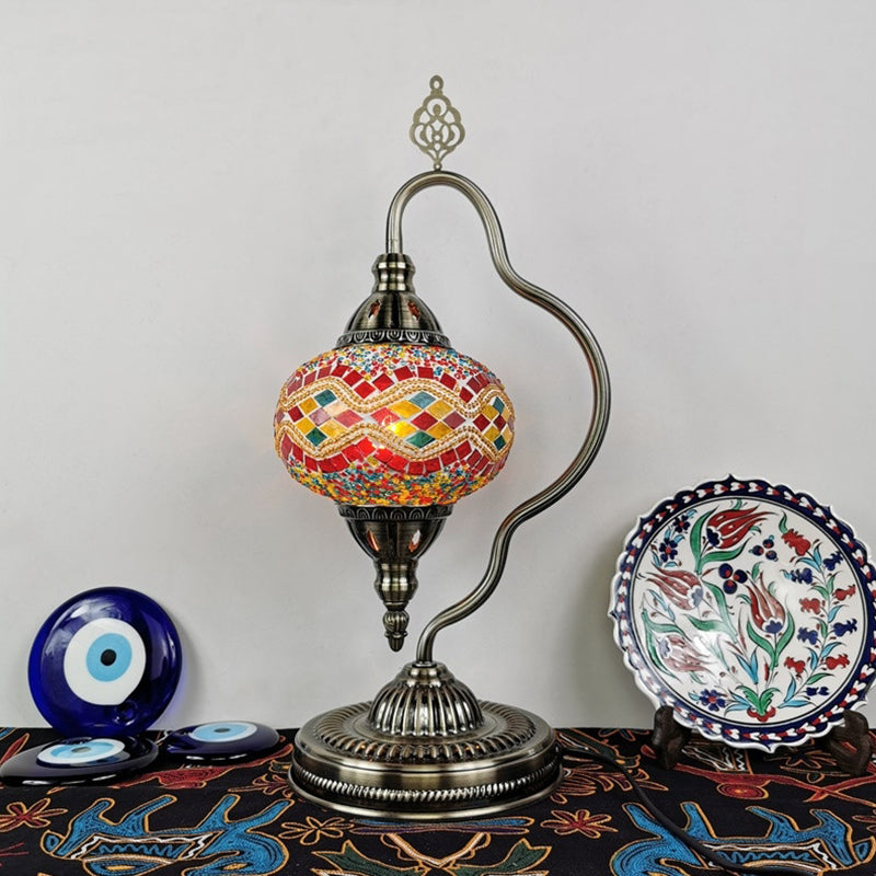 Stained Art Glass Globe Table Lamp Art Deco 1 Head Restaurant Night Light with Curvy Arm in White/Red/Yellow Clearhalo 'Lamps' 'Table Lamps' Lighting' 1950497