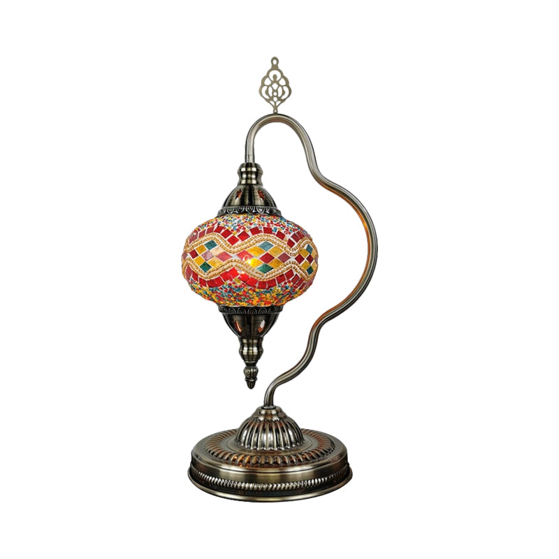 Stained Art Glass Globe Table Lamp Art Deco 1 Head Restaurant Night Light with Curvy Arm in White/Red/Yellow Clearhalo 'Lamps' 'Table Lamps' Lighting' 1950499