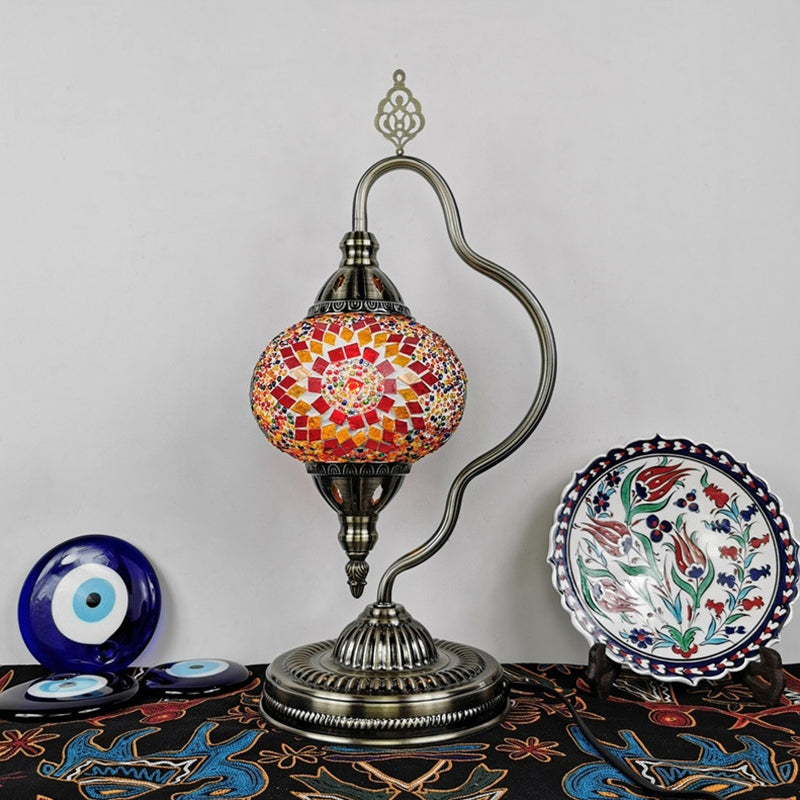 Stained Art Glass Globe Table Lamp Art Deco 1 Head Restaurant Night Light with Curvy Arm in White/Red/Yellow Clearhalo 'Lamps' 'Table Lamps' Lighting' 1950500