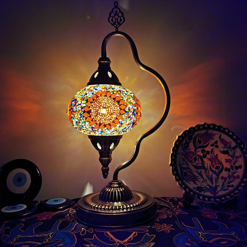 Stained Art Glass Globe Table Lamp Art Deco 1 Head Restaurant Night Light with Curvy Arm in White/Red/Yellow Yellow Clearhalo 'Lamps' 'Table Lamps' Lighting' 1950504