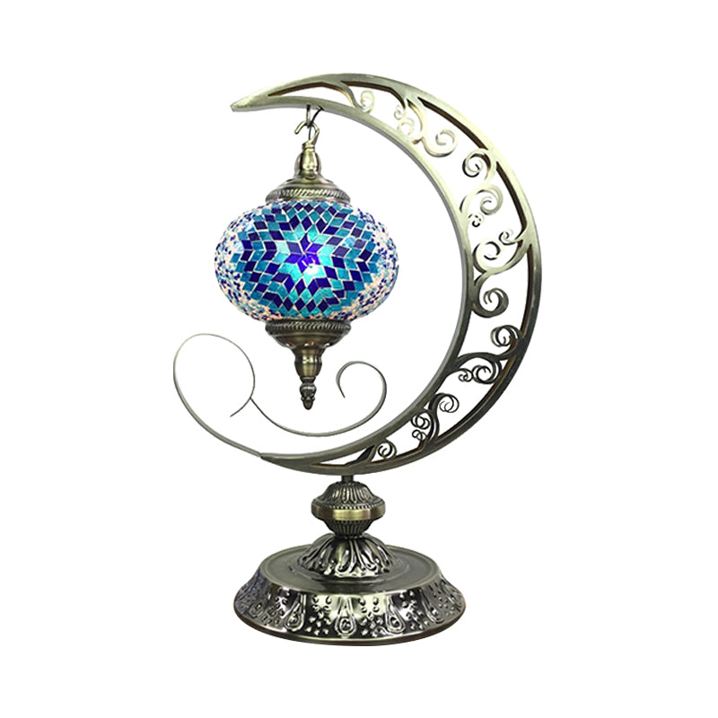 Global Bedroom Nightstand Lamp Decorative Stained Glass 1 Light White/Red/Pink Desk Light with Moon Design Clearhalo 'Lamps' 'Table Lamps' Lighting' 1950508