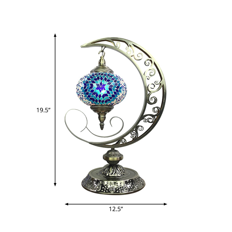 Global Bedroom Nightstand Lamp Decorative Stained Glass 1 Light White/Red/Pink Desk Light with Moon Design Clearhalo 'Lamps' 'Table Lamps' Lighting' 1950509