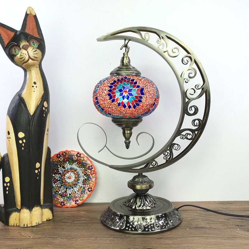 Global Bedroom Nightstand Lamp Decorative Stained Glass 1 Light White/Red/Pink Desk Light with Moon Design Clearhalo 'Lamps' 'Table Lamps' Lighting' 1950510