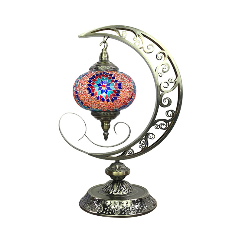 Global Bedroom Nightstand Lamp Decorative Stained Glass 1 Light White/Red/Pink Desk Light with Moon Design Burgundy Clearhalo 'Lamps' 'Table Lamps' Lighting' 1950511