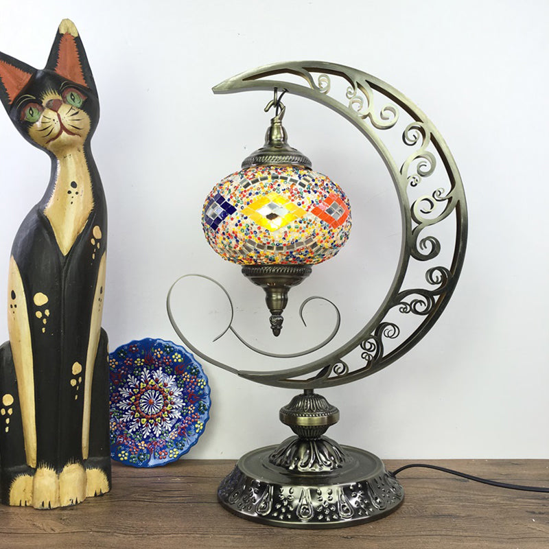 Global Bedroom Nightstand Lamp Decorative Stained Glass 1 Light White/Red/Pink Desk Light with Moon Design Clearhalo 'Lamps' 'Table Lamps' Lighting' 1950512