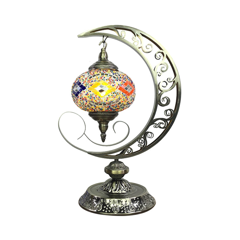 Global Bedroom Nightstand Lamp Decorative Stained Glass 1 Light White/Red/Pink Desk Light with Moon Design Yellow Clearhalo 'Lamps' 'Table Lamps' Lighting' 1950513