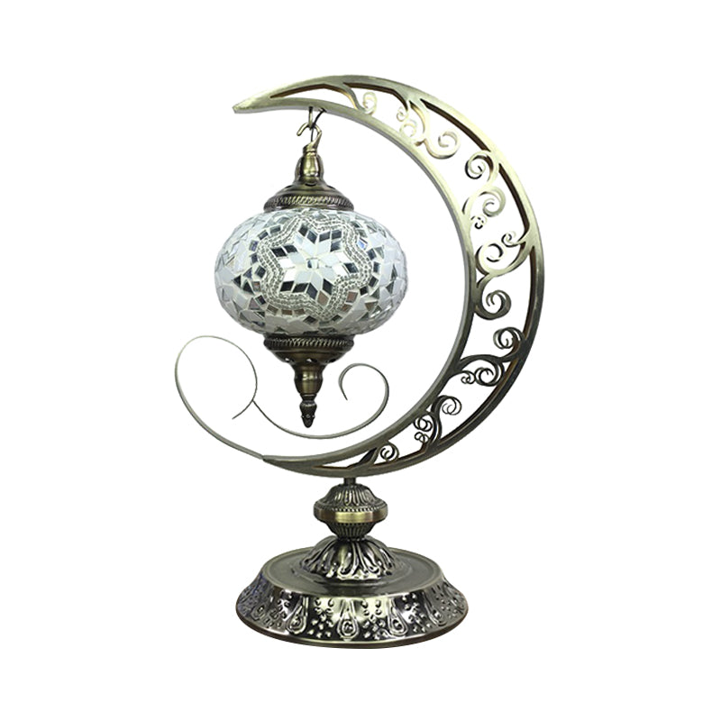 Global Bedroom Nightstand Lamp Decorative Stained Glass 1 Light White/Red/Pink Desk Light with Moon Design White Clearhalo 'Lamps' 'Table Lamps' Lighting' 1950515