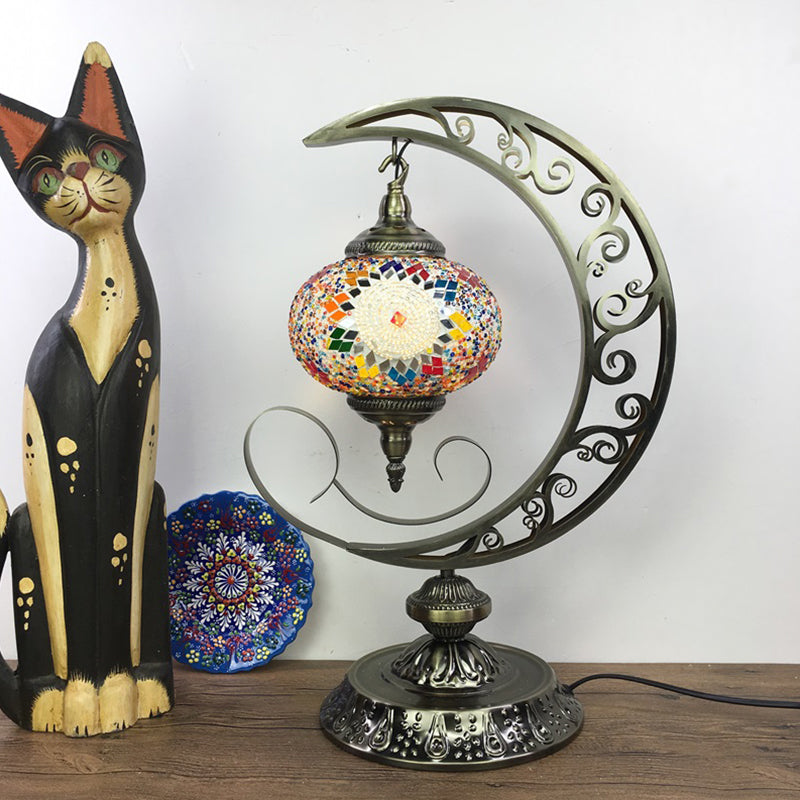 Global Bedroom Nightstand Lamp Decorative Stained Glass 1 Light White/Red/Pink Desk Light with Moon Design Clearhalo 'Lamps' 'Table Lamps' Lighting' 1950516